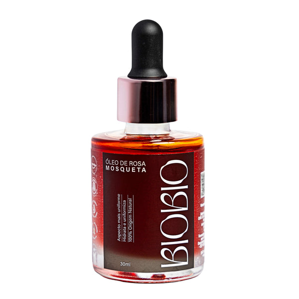 Óleo de rosa mosqueta BioBio 30ml — frasco em vidro âmbar com conta-gotas, 100% origem natural, vegano, para nutrição facial e corporal.