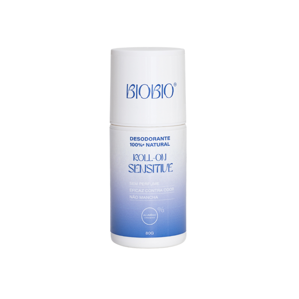 Frasco de 80g do Desodorante Roll-on Sensitive BioBio: fórmula hipoalergênica, natural e eficaz contra odores.
