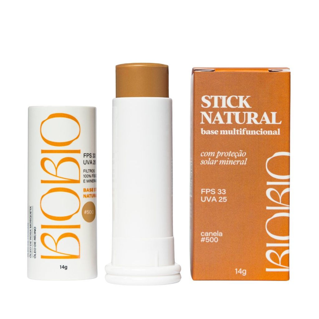 Base Multifuncional em Bastão com Protetor Solar FPS 33 BioBio – tom Canela #500, bastão aberto mostrando a cor, refil e caixa, 14g.