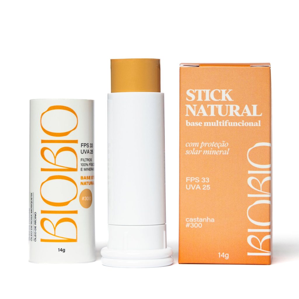 Base Multifuncional em Bastão com Protetor Solar FPS 33 BioBio – tom Castanha #300, bastão aberto mostrando a cor, refil e caixa, 14g.
