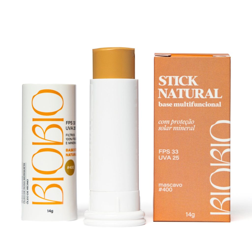 Base Multifuncional em Bastão com Protetor Solar FPS 33 BioBio – tom Mascavo #400, bastão aberto mostrando a cor, refil e caixa, 14g