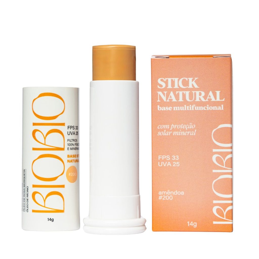 Base Multifuncional em Bastão com Protetor Solar FPS 33 BioBio – tom Amêndoa #200, bastão aberto mostrando a cor, refil e caixa, 14g.