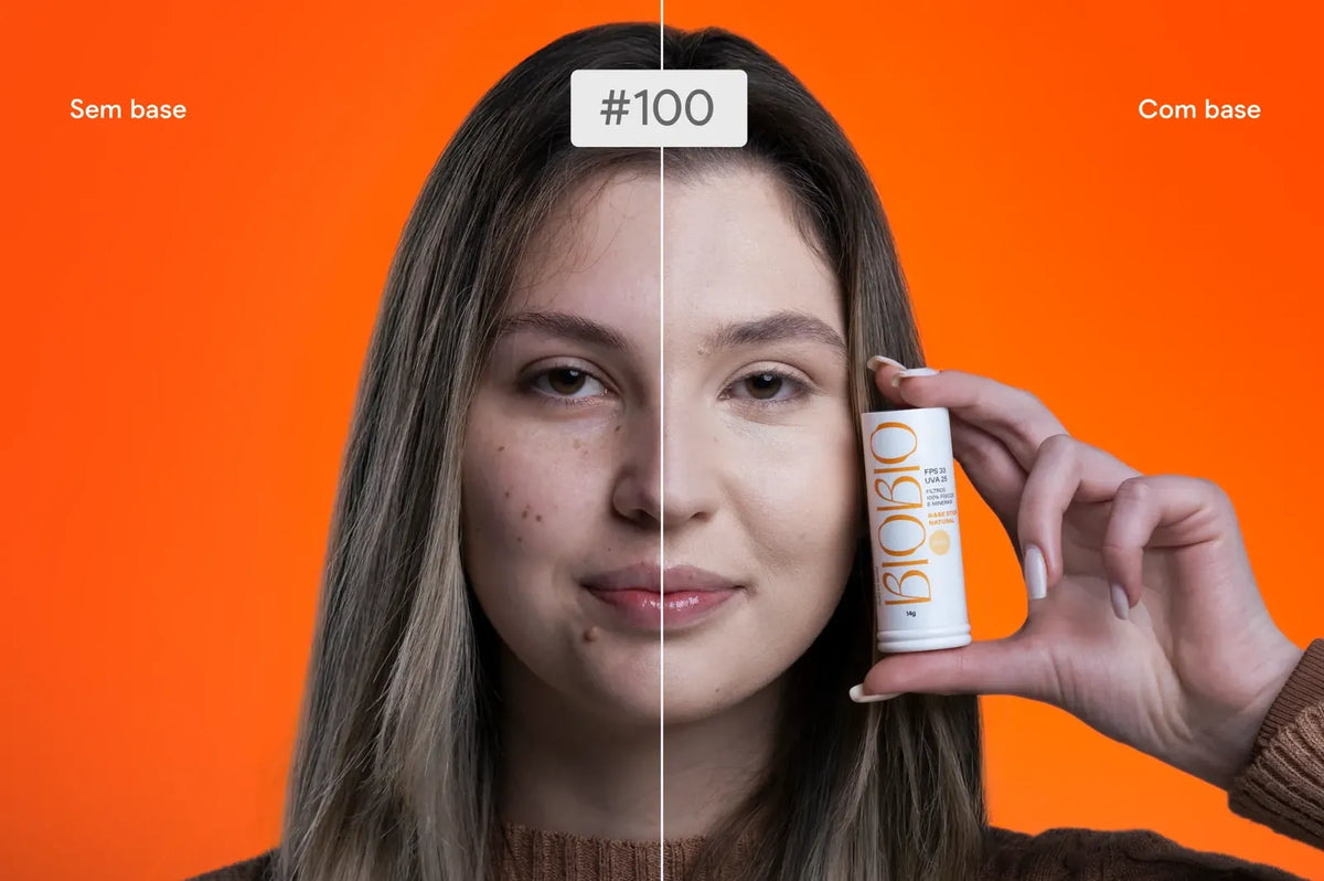 Base Multifuncional em Bastão BioBio tom Avelã #100 – comparativo antes e depois em modelo de pele clara, mostrando cobertura natural com acabamento uniforme.