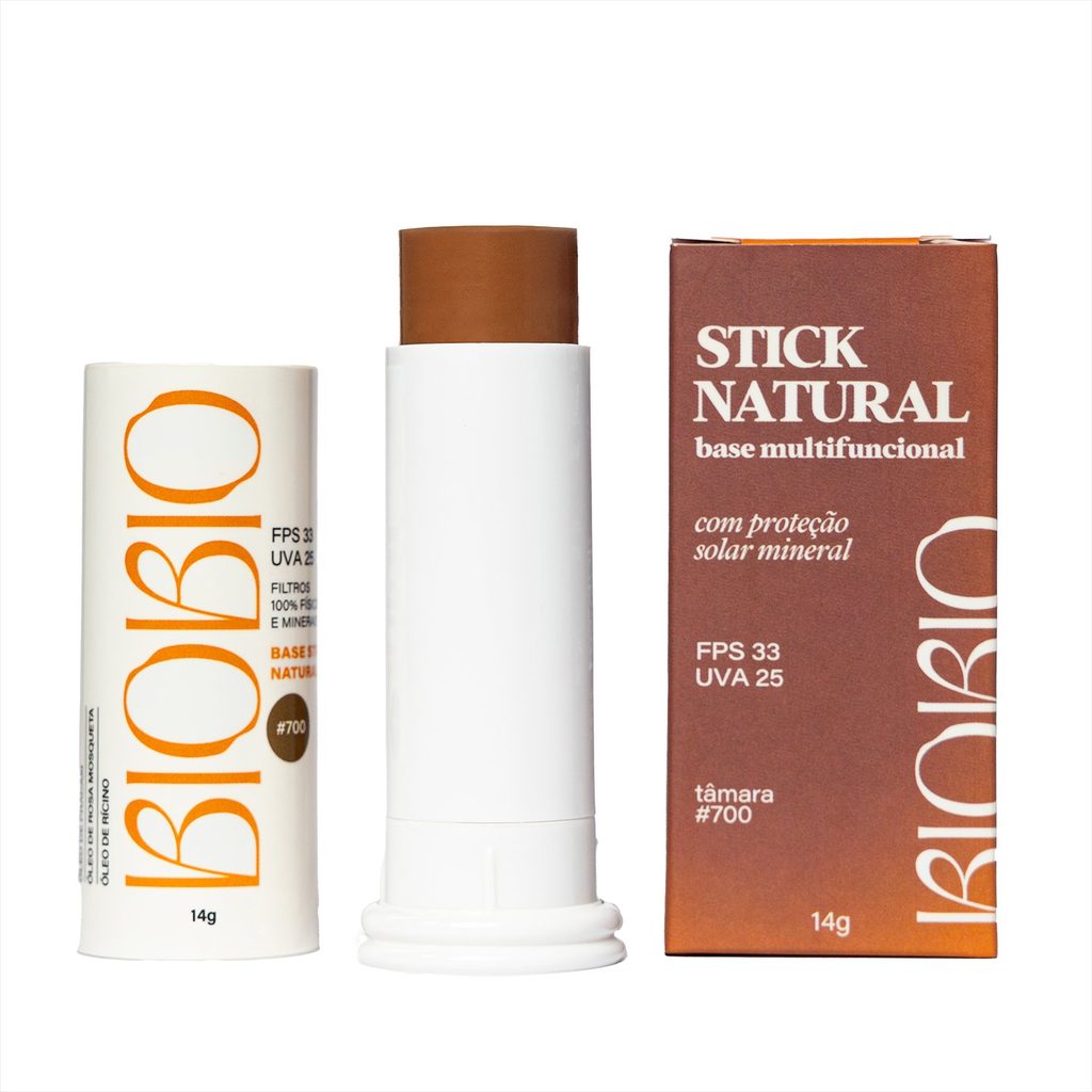 Base Multifuncional em Bastão com Protetor Solar FPS 33 BioBio – tom Tâmara #700, bastão aberto mostrando a pigmentação intensa, refil e caixa, 14g.