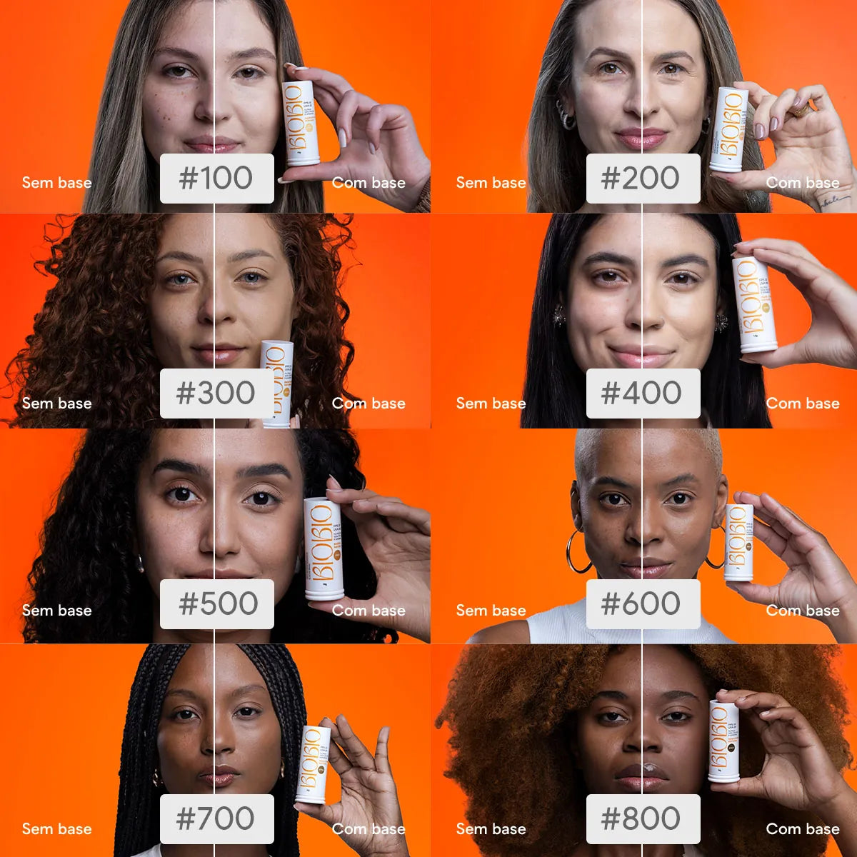 Base Multifuncional em Bastão com Protetor Solar FPS 33 BioBio – comparativo antes e depois nos 8 tons: Avelã #100, Amêndoa #200, Castanha #300, Mascavo #400, Canela #500, Cacau #600, Tâmara #700 e Baru #800