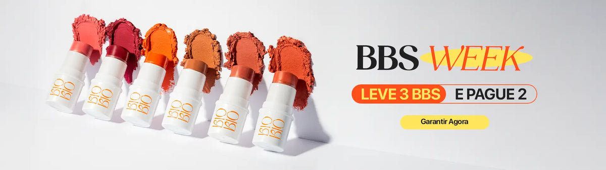 BBS Week da BioBio: seis bastões BBS abertos em fileira sobre fundo claro, cada um ao lado do próprio pigmento esfarelado em tons de rosa, vinho, laranja, caramelo, terracota e coral, com o título BBS Week, a faixa Leve 3 BBS e pague 2 e o botão Garantir Agora.