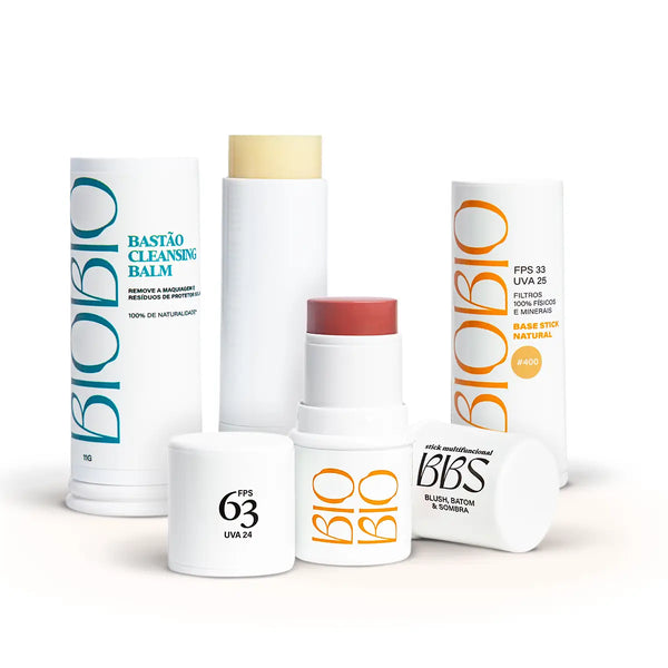 Kit Make Completona BioBio: Base Multifuncional FPS 33, BBS 4 em 1 FPS 63 e Cleansing Balm Origem 100% natural em formato bastão.