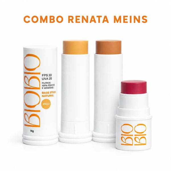 Combo Renata Meins da BioBio: tubo da Base Multifuncional em Bastão #400 Mascavo, os bastões abertos da Base nos tons #400 Mascavo e #600 Cacau e o BBS Blush, Batom e Sombra aberto na cor Amora.