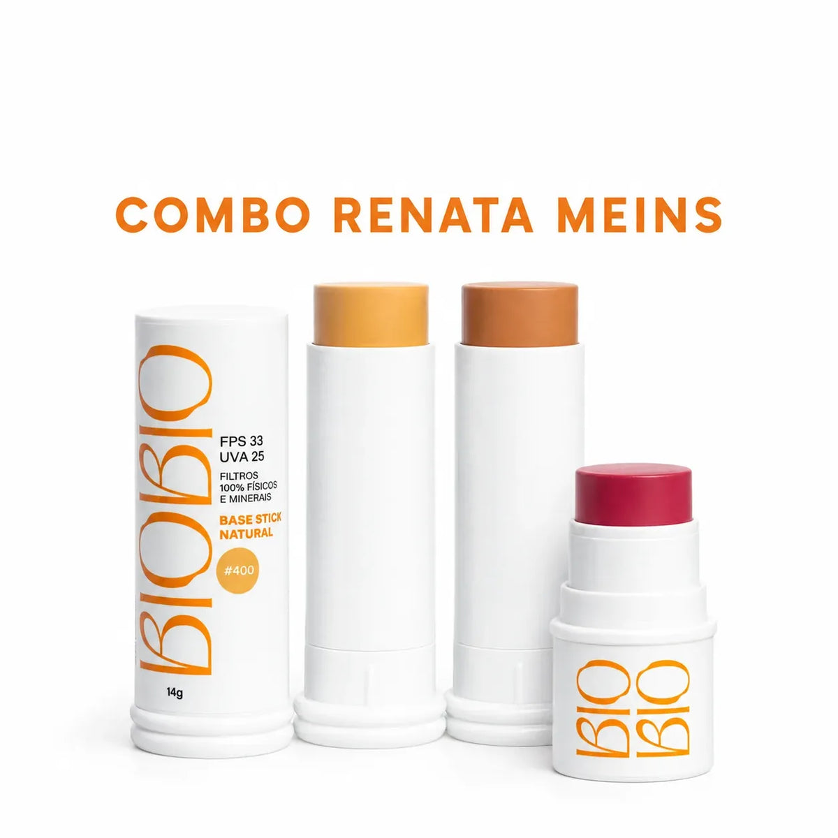 Combo Renata Meins da BioBio: tubo da Base Multifuncional em Bastão #400 Mascavo, os bastões abertos da Base nos tons #400 Mascavo e #600 Cacau e o BBS Blush, Batom e Sombra aberto na cor Amora.