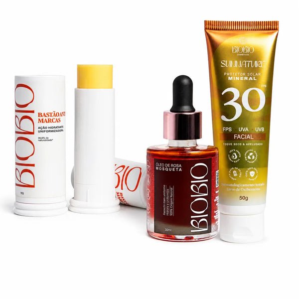 Combo Pele Uniforme BioBio: Protetor Solar 100% mineral, Bastão Antimarcas e Óleo de Rosa Mosqueta
