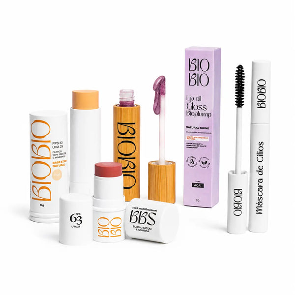 Combo Beleza Multifuncional BioBio: Base FPS 33, BBS FPS 63, Máscara de Cílios e Lip Oil Gloss