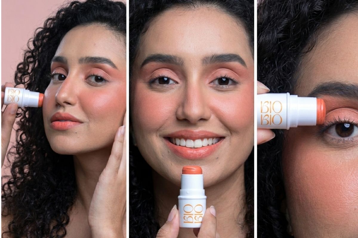 Modelo aplicando o BBS BioBio como blush, batom e sombra no rosto