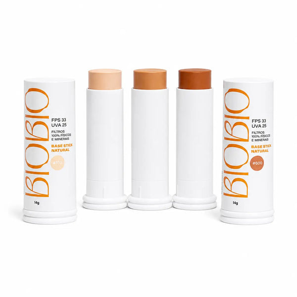 Kit 3 Bases Multifuncionais FPS 33 BioBio: três bastões de base em tons diferentes, do mais claro ao mais escuro