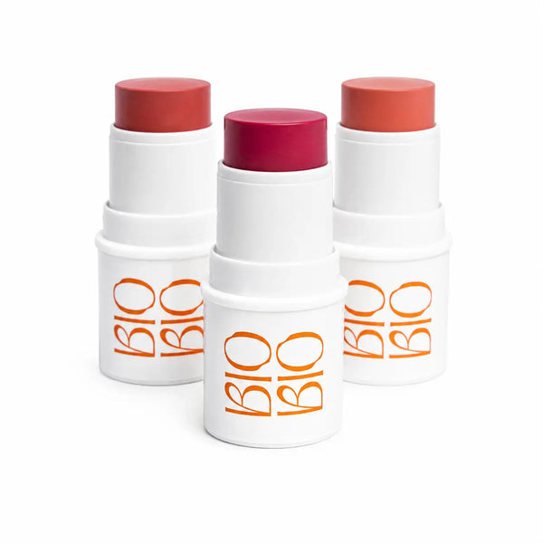 Kit 3 BBS BioBio: três bastões Blush, Batom e Sombra FPS 63 em cores diferentes