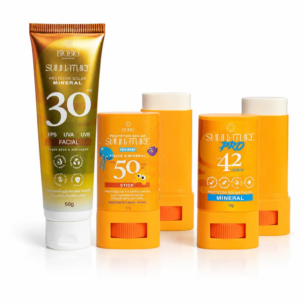 Combo Família Protegida BioBio: protetores solares minerais FPS 30, FPS 50 infantil e Sunnature Pro FPS 42